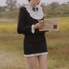 Long-sleeve Lace Panel Top / Mini Fitted Skirt