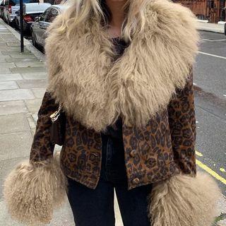 Leopard Printed Faux Fur Collar & Sleeve Jacket