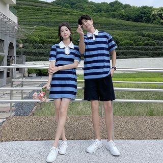 Couple Matching Striped Mini A-line Polo Dress / Polo Shirt / Shorts / Set