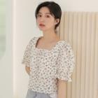 Square Neck Floral Short-sleeve Top Almond White - One Size