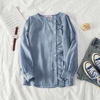 Frilled Trim Buttoned Long-sleeve Round Neck Top Blue - One Size