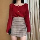 Long-sleeve Buttoned Jacket / Plaid Skirt