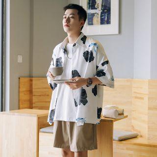 Elbow-sleeve Floral Printed Shirt