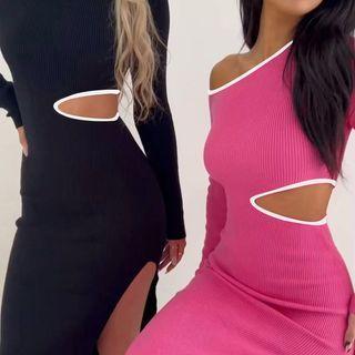 Long-sleeve Contrast Trim Cutout Midi Sheath Dress