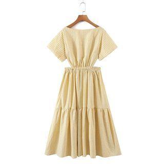 Short-sleeve Plaid Cut-out Midi A-line Dress