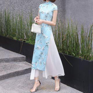Floral Print Print Short-sleeve Maxi A-line Qipao