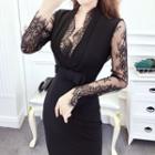 Long-sleeve Lace Panel Mermaid Evening Gown