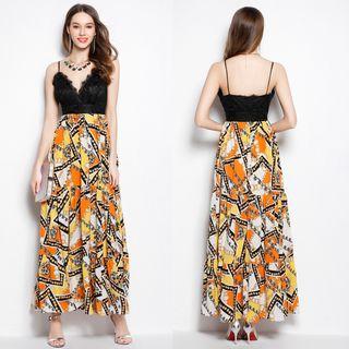 Spaghetti Strap Print A-line Maxi Dress