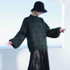 Lantern-sleeve Mock-neck Plaid Sweater