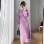 Puff-sleeve Henley Knit Midi A-line Dress