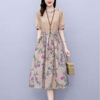 Short-sleeve Flower Print Panel A-line Dress