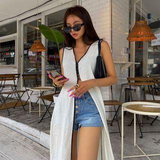Sleeveless Piped Slit Maxi Cardigan