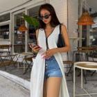 Sleeveless Piped Slit Maxi Cardigan