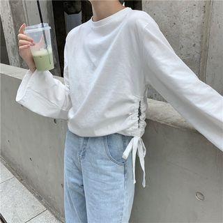 Long-sleeve Drawstring Side Plain Top