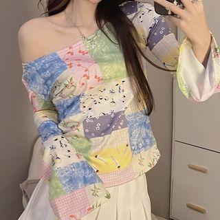 Long-sleeve One-shoulder Panel Colored T-shirt
