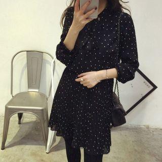 Dotted Tie-neck Long-sleeve Mini Chiffon Dress