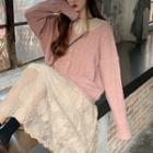 Cable-knit Cardigan / Long-sleeve Midi A-line Lace Dress