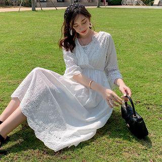 3/4-sleeve Eyelet Midi A-line Dress