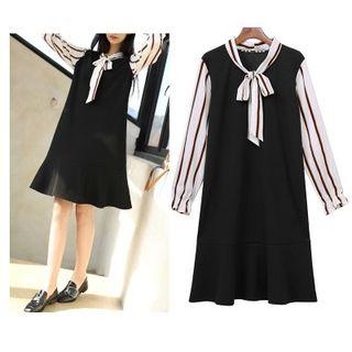 Mock Two-piece Bow Pinstripe Long-sleeve Chiffon Dress