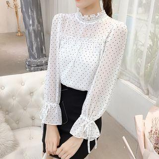 Dotted Ruffle Trim Bell Sleeve Blouse