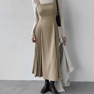Square-neck Pleated Long Overall Dress