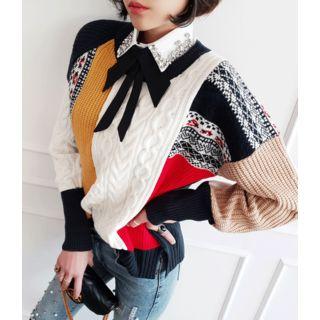 Round-neck Color-block Textured Knit Top Navy Blue - One Size