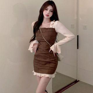 Mock Two-piece Bell-sleeve Ruffled Mini Sheath Dress