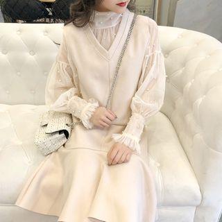 Beaded See-through Long-sleeve Chiffon Blouse / Plain V-neck Sleeveless Dress