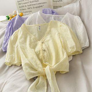 Eyelet Ribbon-hem V-neck Crop Shirt