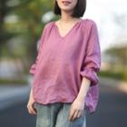 Plain Puff-sleeve Blouse Rose Pink - One Size