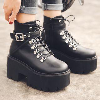 Lace Up Platform Buckled Short Boots