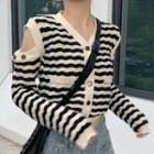 Detachable-sleeves Striped Cardigan Stripes - Black & White - One Size