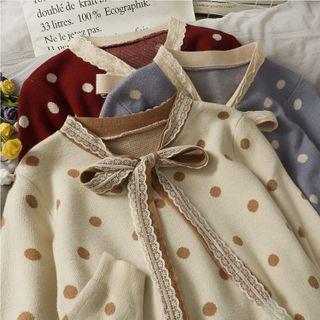 Lace Ribbon-neckline Slim-fit Dotted Sweater In 5 Colors
