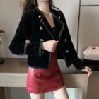 Double-breasted Velvet Blazer / Faux Leather Mini A-line Skirt