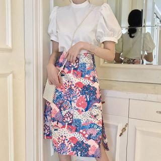 Puff-sleeve Top / Printed Slit A-line Skirt
