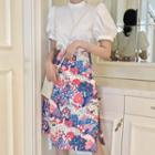 Puff-sleeve Top / Printed Slit A-line Skirt
