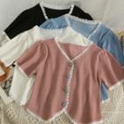 Lace-trim Button-up Crop T-shirt In 6 Colors