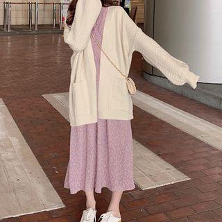 Plain Cardigan / Long-sleeve Floral Dress