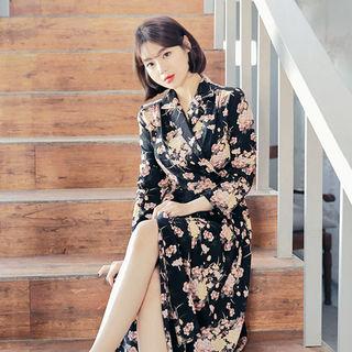 Notched-lapel Wrap-front Floral Print Dress