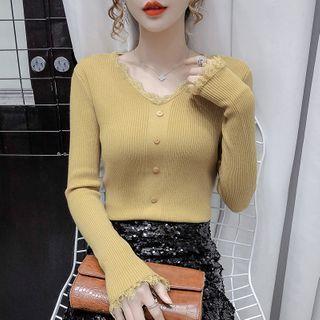 V-neck Lace-up Buttoned Knit Top