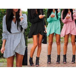 Long-sleeve V-neck Asymmetric Dress