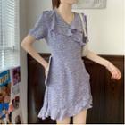 Floral Ruffle Trim Short-sleeve A-line Dress / Midi Dress