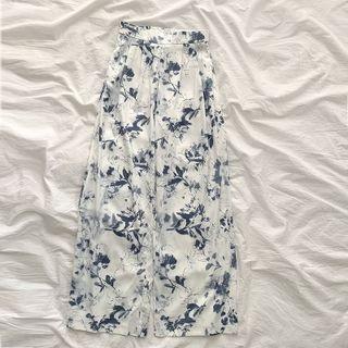Floral Print Wide-leg Pants Blue - One Size