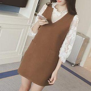 Set: Bell-sleeve Lace Top + Mini Pinafore Dress