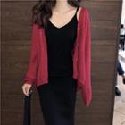 Long-sleeve Plain Knit Cardigan / Sleeveless Ribbed Knit Dress