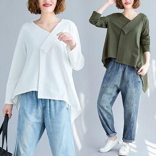 Plain Asymmetrical V-neck T-shirt