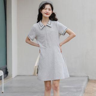 Short-sleeve Collar Knit Mini A-line Dress Gray - One Size