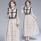 Sleeveless Contrast Trim Lace A-line Maxi Dress