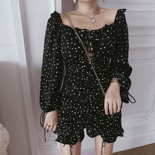 Heart Print Drawstring Long-sleeve Mini Dress