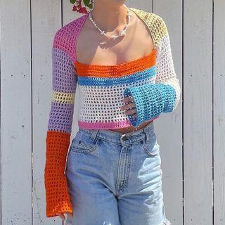 Long-sleeve Square-neck Color Block Cropped Knit Top